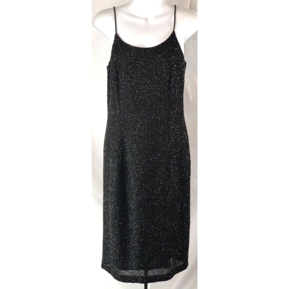 Marina Bresler Cocktail Slip Dress 10 Blk Heavy Beaded Strappy Formal Prom Sexy